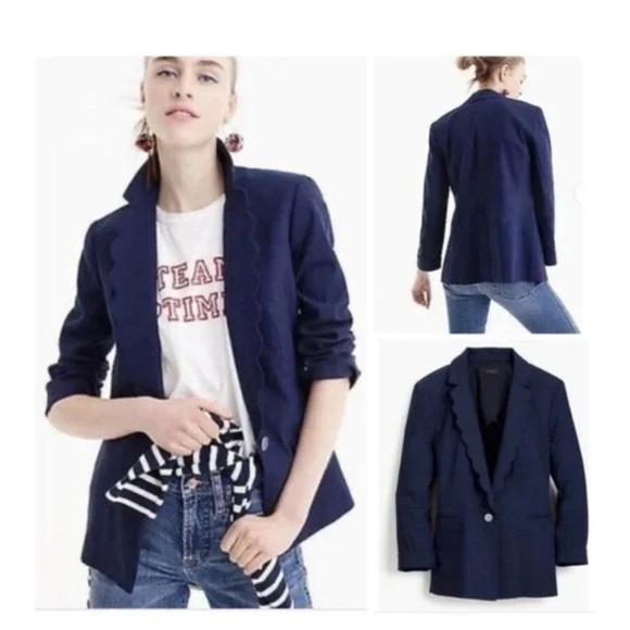 J. Crew Linen Blend Navy Blue Scalloped Lightweight Blazer 6 Academia - Picture 1 of 14